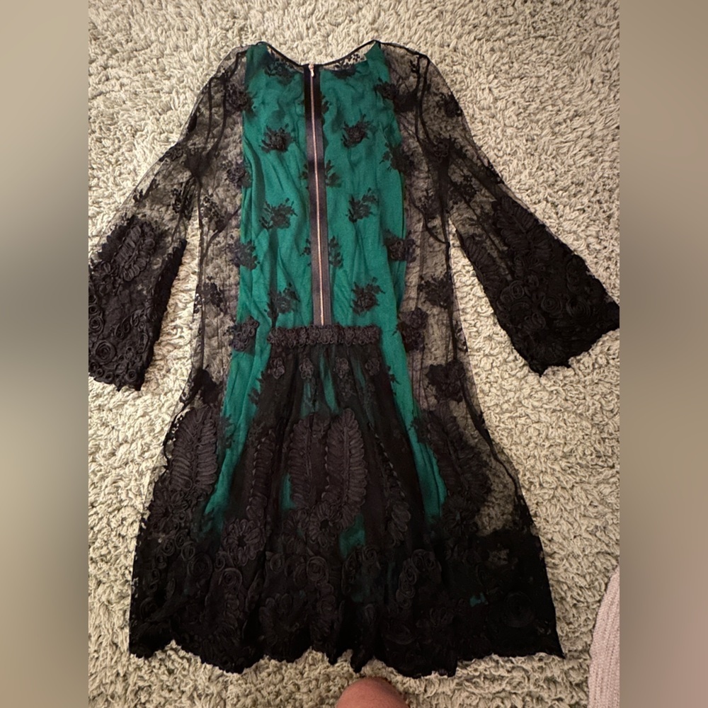 3.1 Philip Lim 2 Piece Green and Black Lace Dress with Bell Sleeves Size 4 - Picture 9 of 13